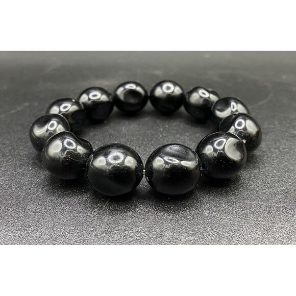 Black Lucite Bauble Bead Stretch Bracelet VINTAGE - Picture 2 of 5